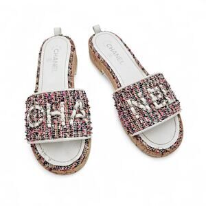 Chanel Tweed Chain Slide Sandal White Pink Cork Mule Platform Size 41 US 10 10.5